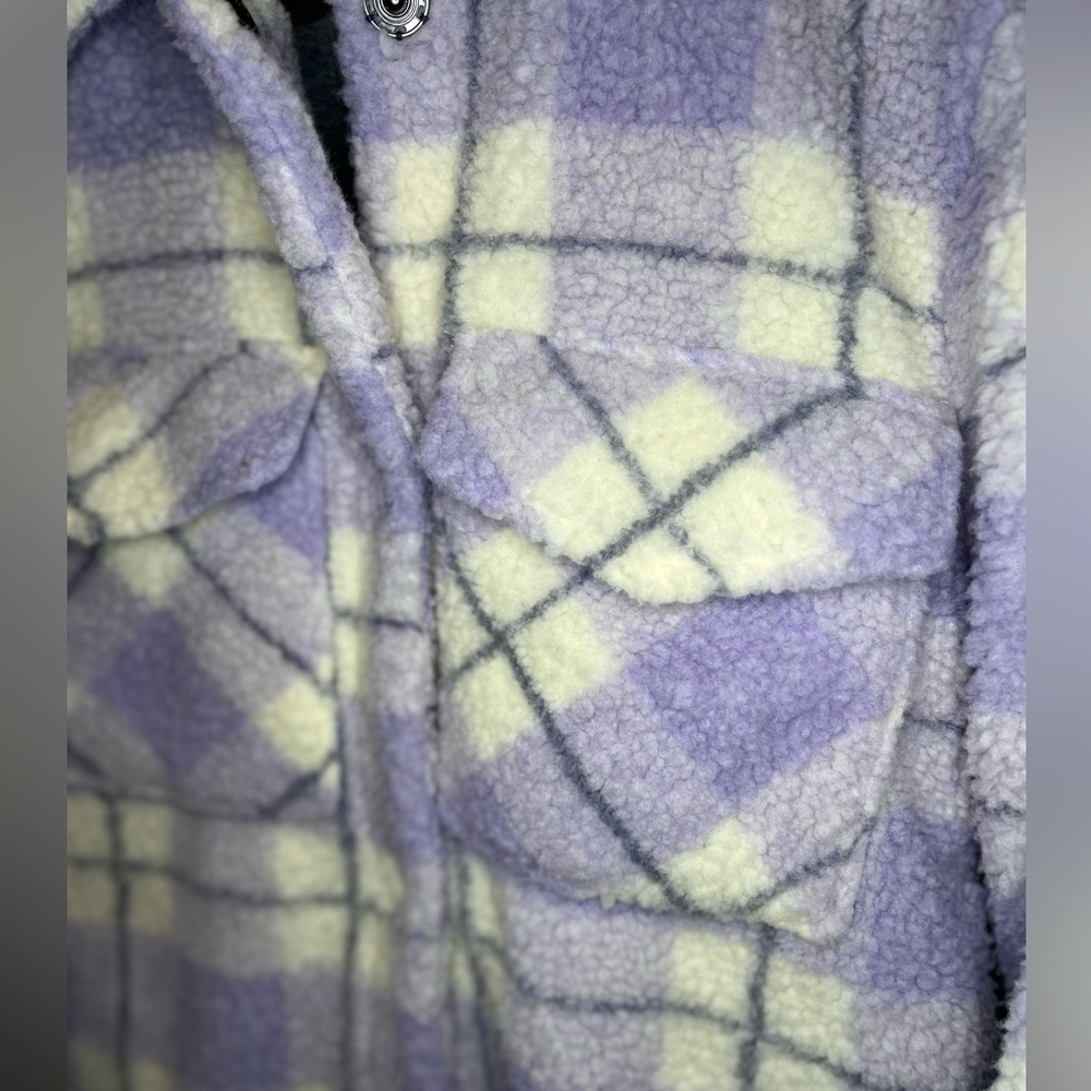7 For All‎ Mankind Plaid Purple and Cream Teddy Trucker Jacket Small - Picture 4 of 9